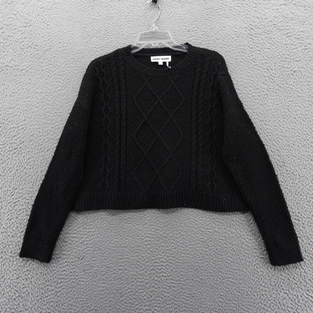 DKNY Jeans Womens Black Metallic Cable Knit Cropped Crewneck Sweater XS